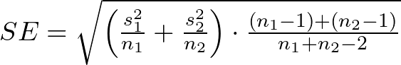 SE = \sqrt{\left( \frac{s_1^2}{n_1} + \frac{s_2^2}{n_2} \right) \cdot \frac{(n_1 - 1) + (n_2 - 1)}{n_1 + n_2 - 2}}