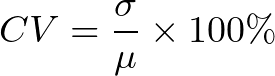 \[CV = \frac{\sigma}{\mu} \times 100\%\]