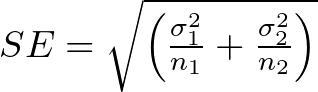 SE = \sqrt{\left(\frac{\sigma_1^2}{n_1} + \frac{\sigma_2^2}{n_2}\right)}